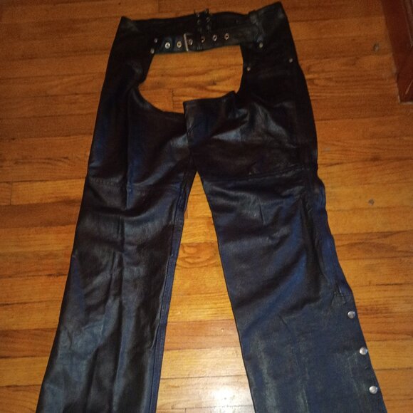 THE LEATHER WORKS Black Leather Chaps Size Men's XL Snap/Zip/Buckle/Laces - Picture 2 of 13